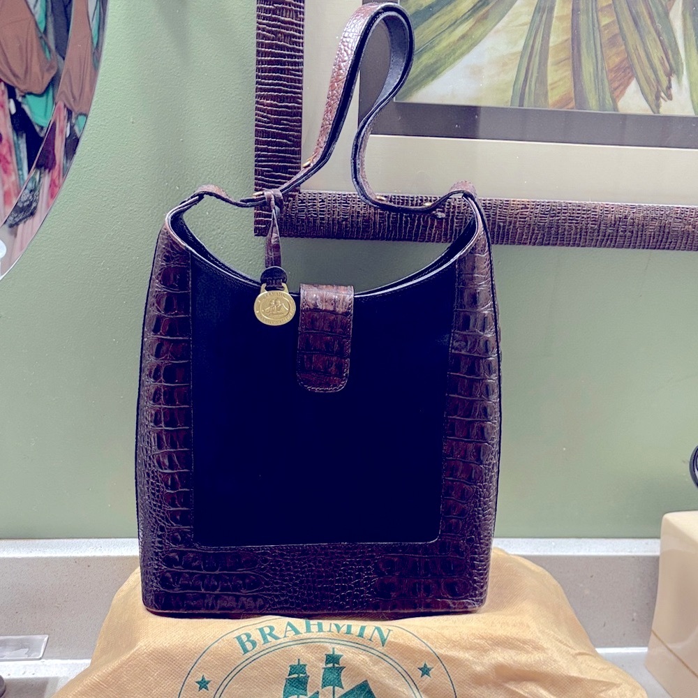 Brahmin Black and Brown Croc-Embossed Shoulder Bag
